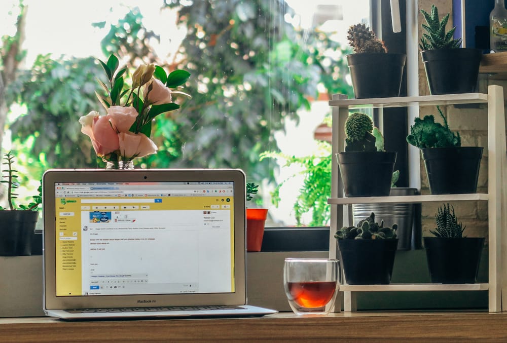 Computador sobre escrivaninha com xícara transparente de chá ao lado e mini estante de plantas sobre a mesa. Ao fundo, janela aberta com árvores desfocadas. A imagem ilustra o texto "home office e sustentabilidade"